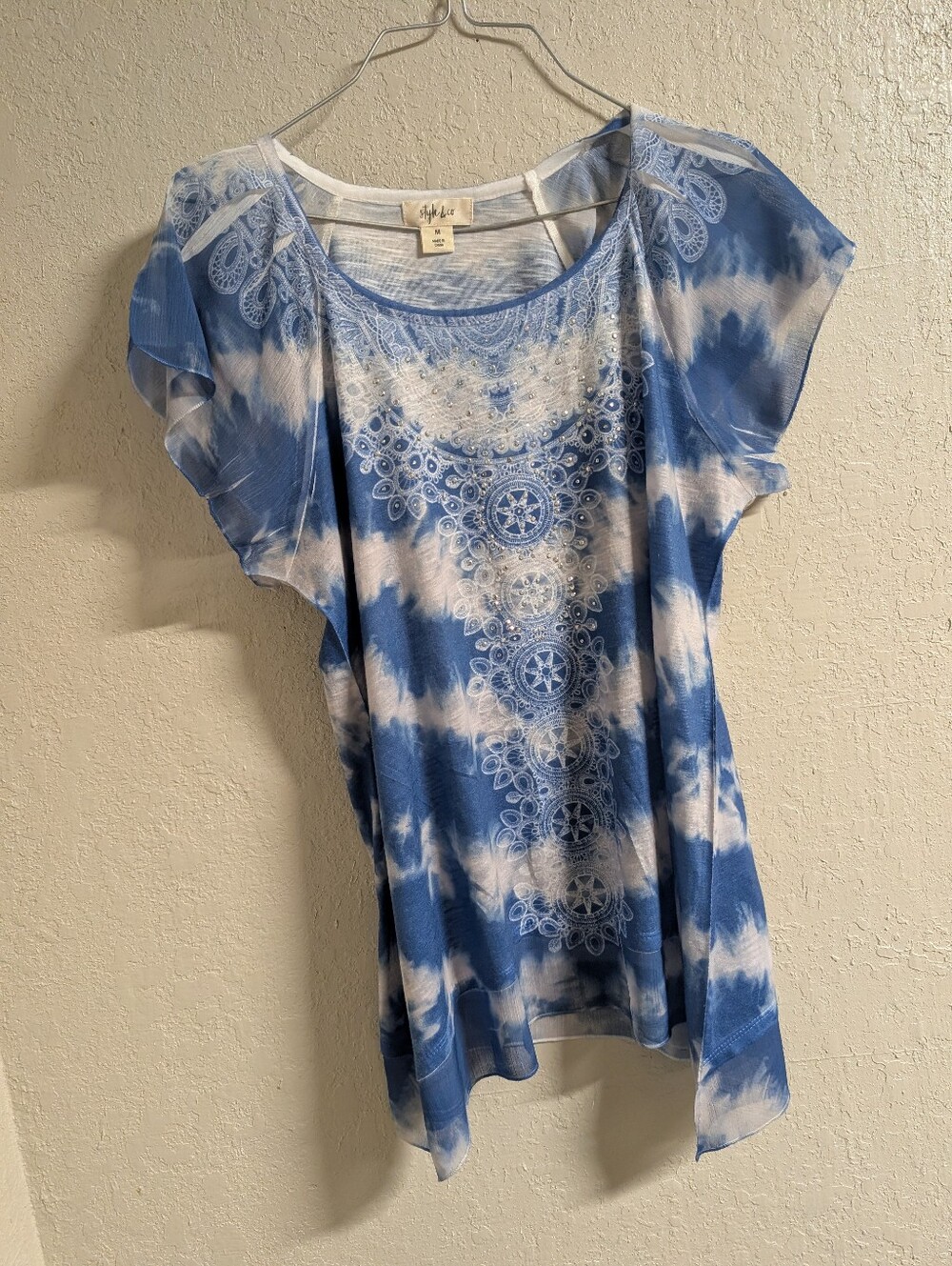 Flutter Sleeve Top M Blue White Tie Dye Semi Sheer Bling Fairy Whimsy Dainty
